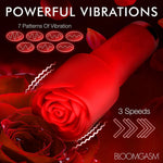 Red Pleasure Rose Mini Wand , with silicone rose cover on wand with graphic depiction of vibration patterns