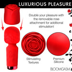 Red Pleasure Rose Mini Wand , with silicone rose cover and arrows indicating how to place the cover over the wands head