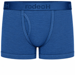 RodeoH Shift Short gender-neutral underwear in dark blue with satin logo waistband, from the front