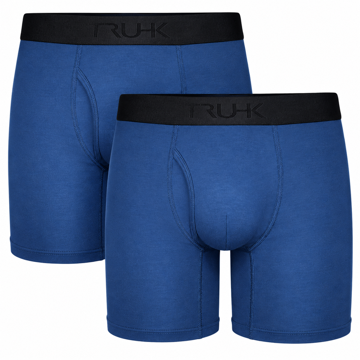 Two blue boxer briefs with black elastic waistbands, shown overlapping on a plain white background. The front pair is in sharper focus, and the rear pair is slightly behind it.