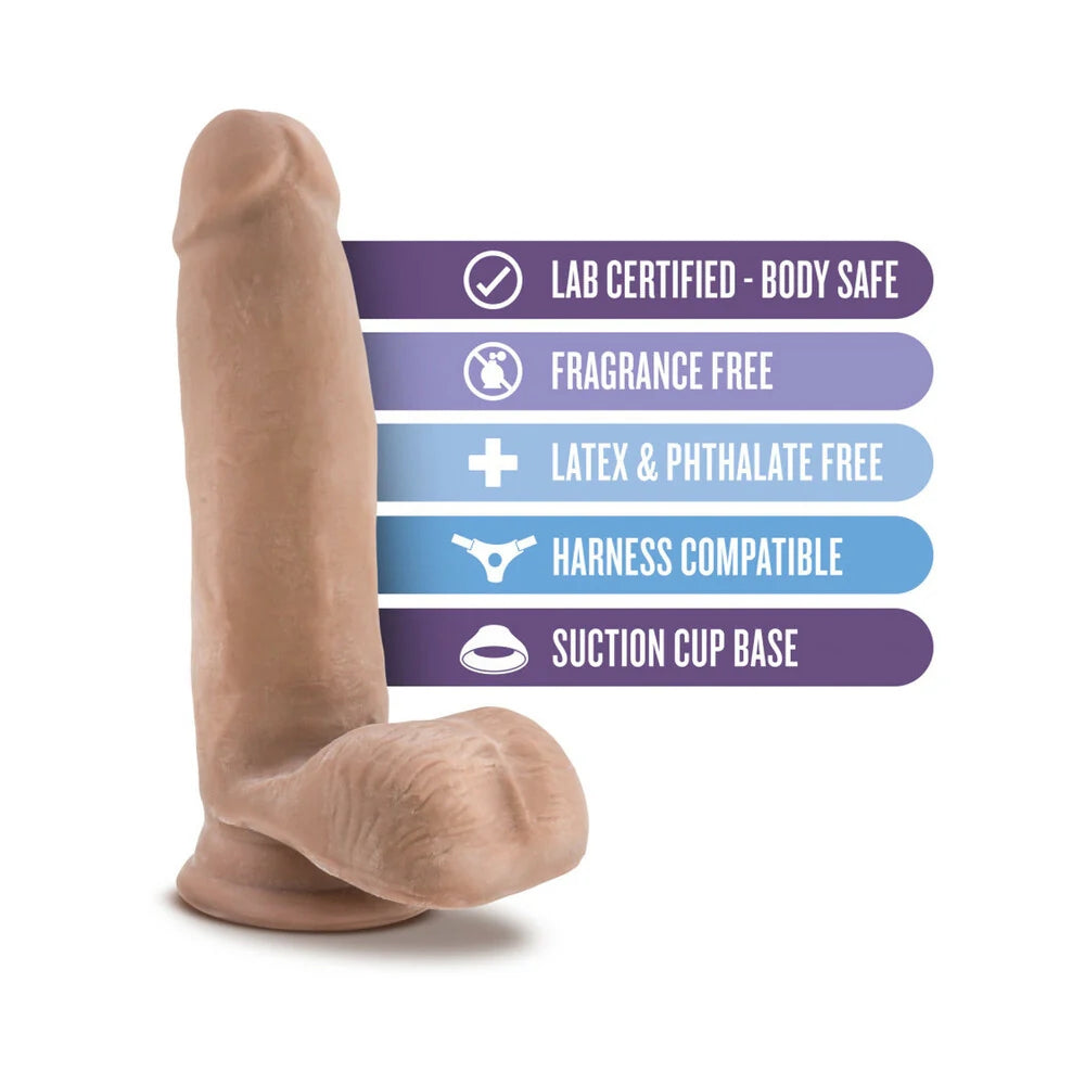 Caramel Au Naturel Sensafeel  dual density dildo with suction cup from the 3 quarters view  with graphic text pf features