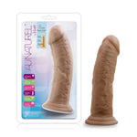 Caramel Au Naturel Sensafeel 7.5 dildo with suction base from the side in its package, with another one next to the packaging
