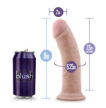 Vanilla Au Naturel 7.5 Sensafeel dildo with suction base  from the side, next to a standard soft drink can with dimensions