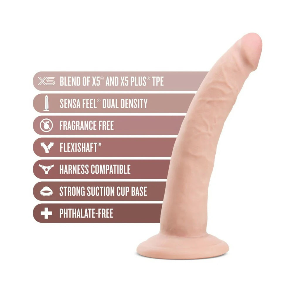Vanilla Jack Au Naturel slim sensafeel dildo with suction cup from the side with graphic text of features