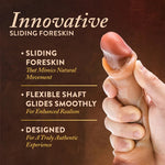 Blush Renaissance Davinci sliding foreskin silicone tan dildo in a hand with graphic text listing dildo features
