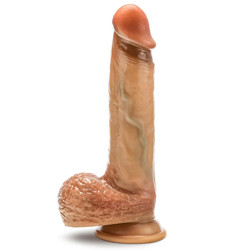 Blush Renaissance sliding foreskin tan silicone dildo with balls and suction cup side view