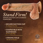 Blush Renaissance Raphael sliding foreskin tan silicone dildo suctioned ot a flat surface horizontal to the ground and graphic text of features