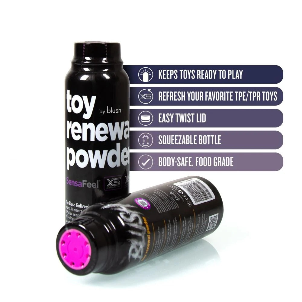 Graphic features of sensa feel  toy renewal powder next to an upright bottle, and one bottle laying on its side