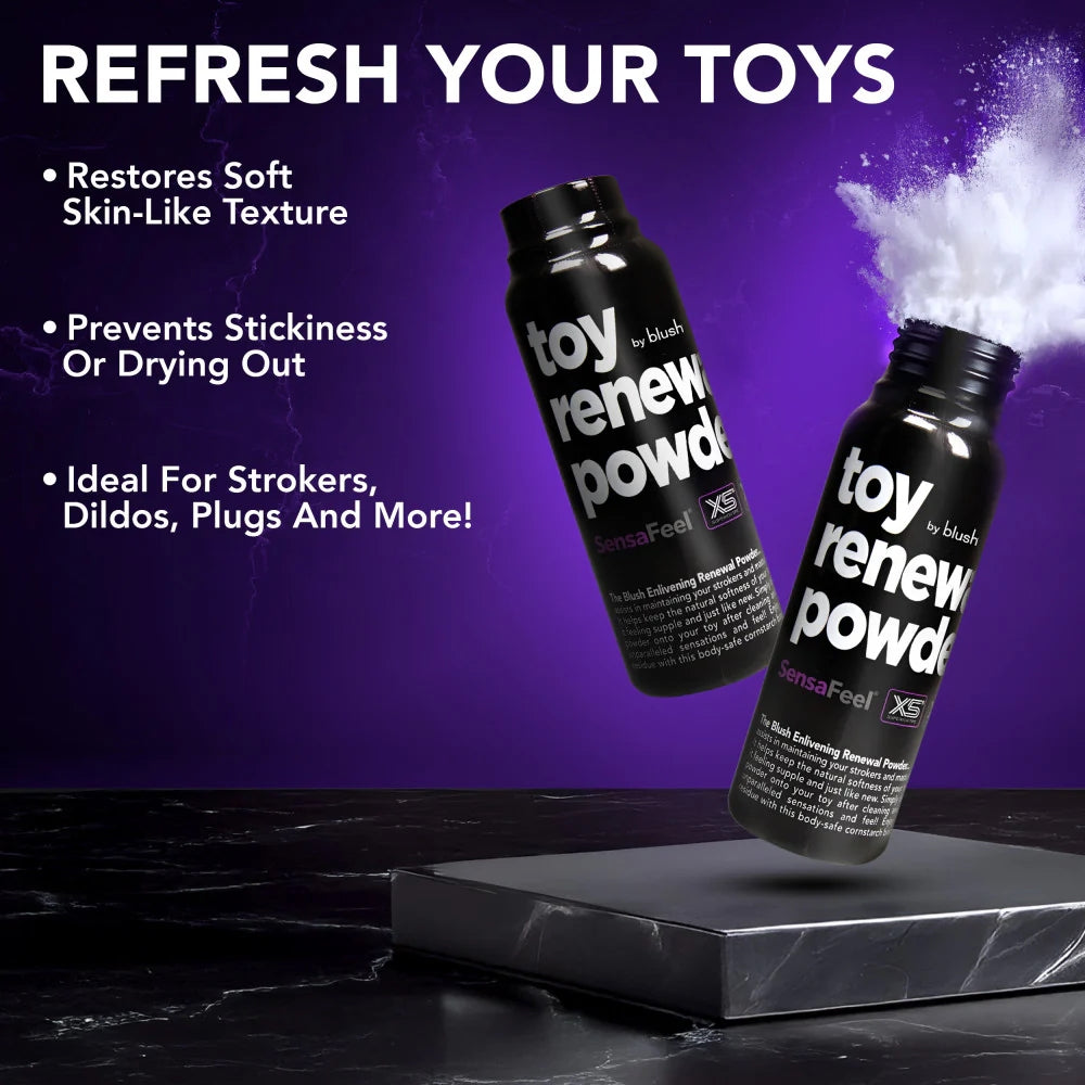 2 Blush Sensafeel toy renewal powder bottles, one with an explosion of powder erupting from the top