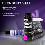 Blush sensafeel toy powder next to a bottle of lubricant and a pouch of toys on a purple back ground
