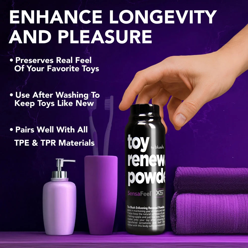 blush sensafeel powder in a purple background shown in a bathroom scene with folded towels and a handsoap pump