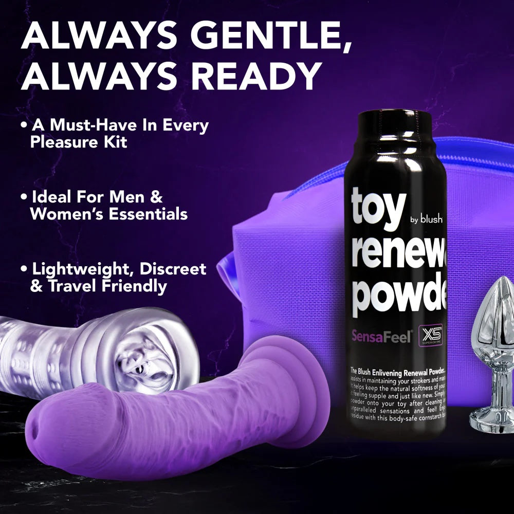  Sensafeel toy renewal powder with graphic text of features, in front of a toy storage pouch with purple and clear dildos
