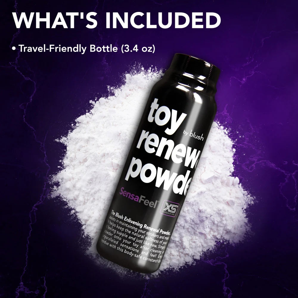  Sensafeel toy renewal powder bottle, laying in a pile of the powder on a purple back ground