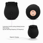 Nexus Vibe Petalpulse black silicone vibrating rose airpulse suction toy from the side, and bottom with  rose sitting on it's included charging base