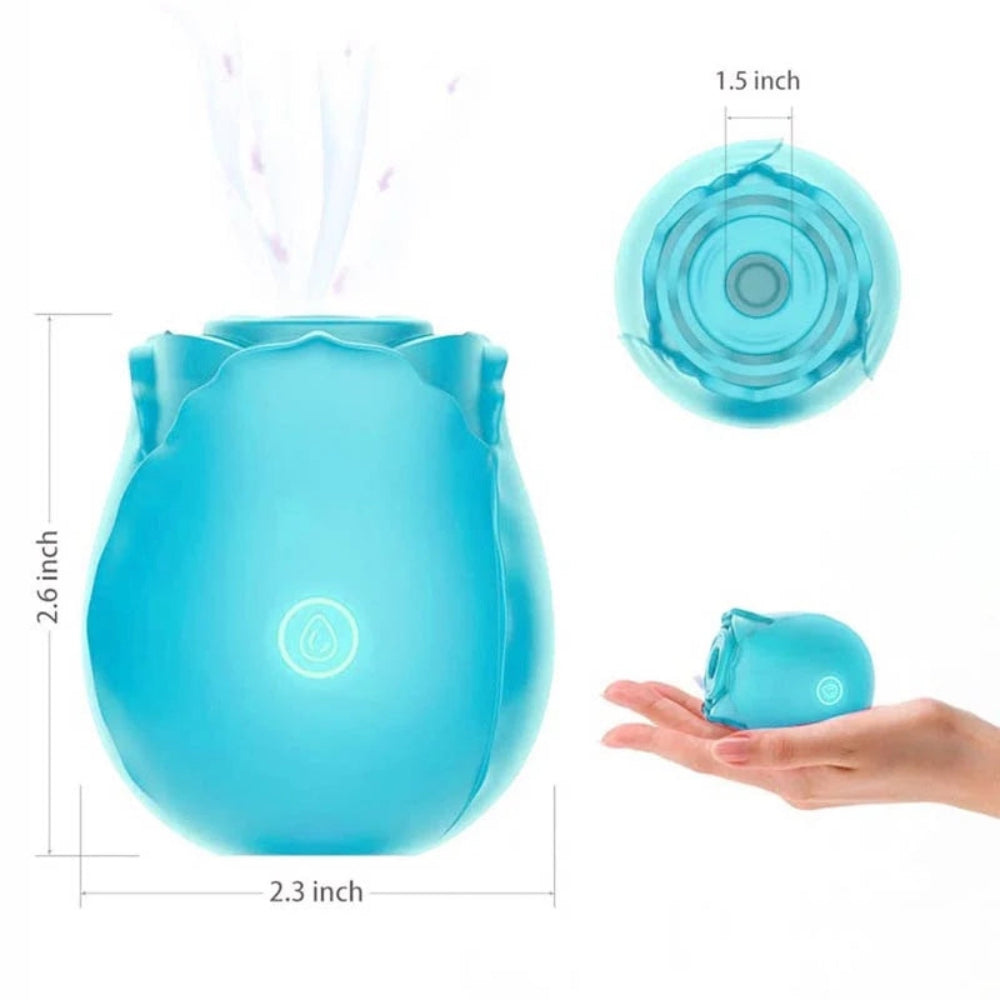 nexus Vibe PetalPulse silicone air pulse rose clitoral stimulator, top and side, with dimensions, and in a hand for overall ize comparison