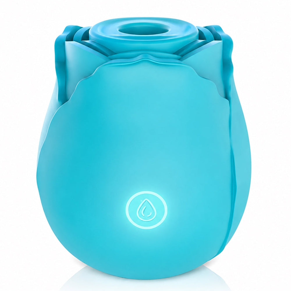 nexus Vibe PetalPulse silicone air pulse rose clitoral stimulator on its base form the side with power button lit up
