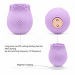 Nexus Vibe Petalpulse lilac silicone vibrating rose airpulse suction toy from the side, and bottom with  rose sitting on it's included charging base