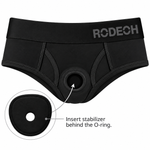 Black RODECH athletic briefs with an O-ring and a circular inset showing an insert stabilizer, on a white background.
