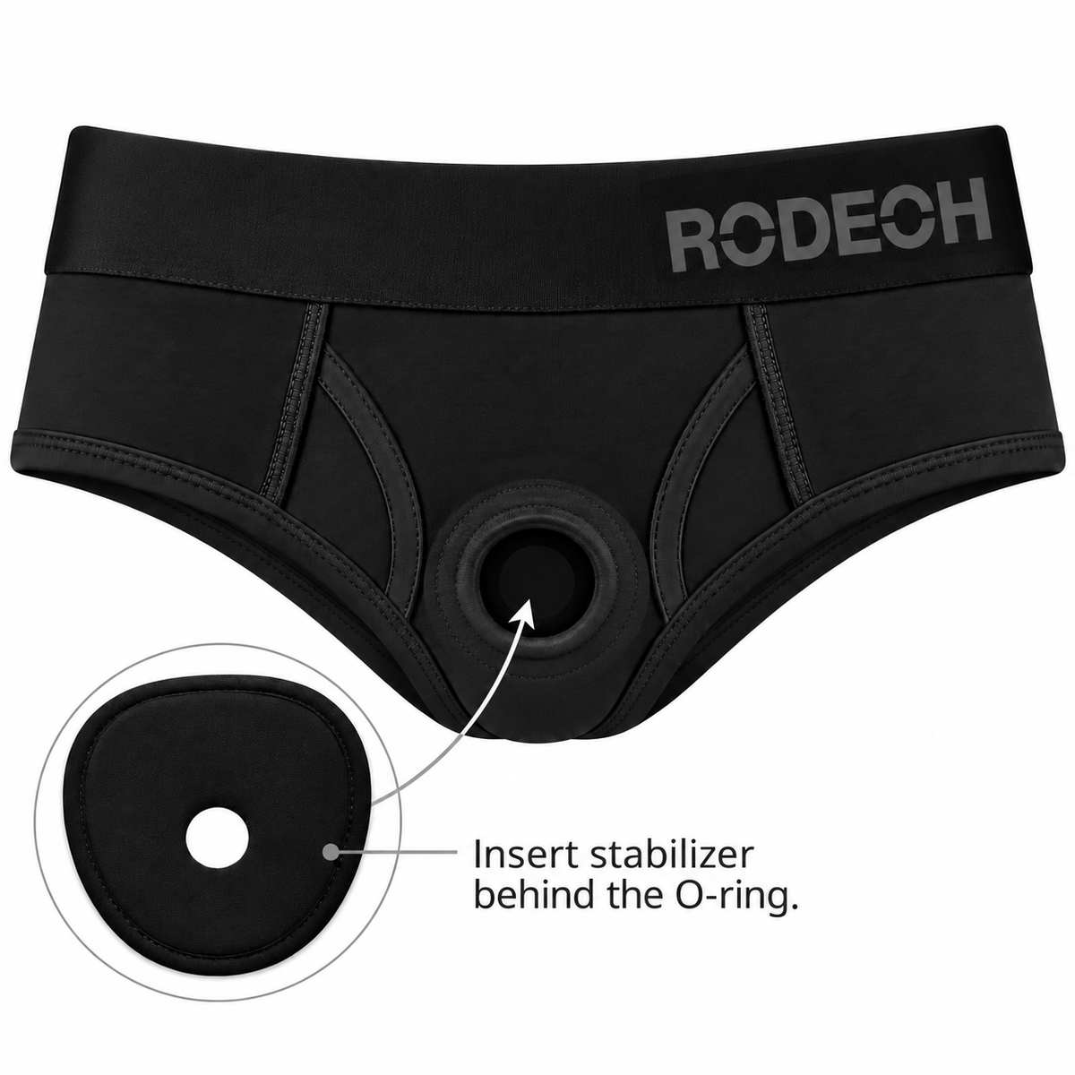Black RODECH athletic briefs with an O-ring and a circular inset showing an insert stabilizer, on a white background.