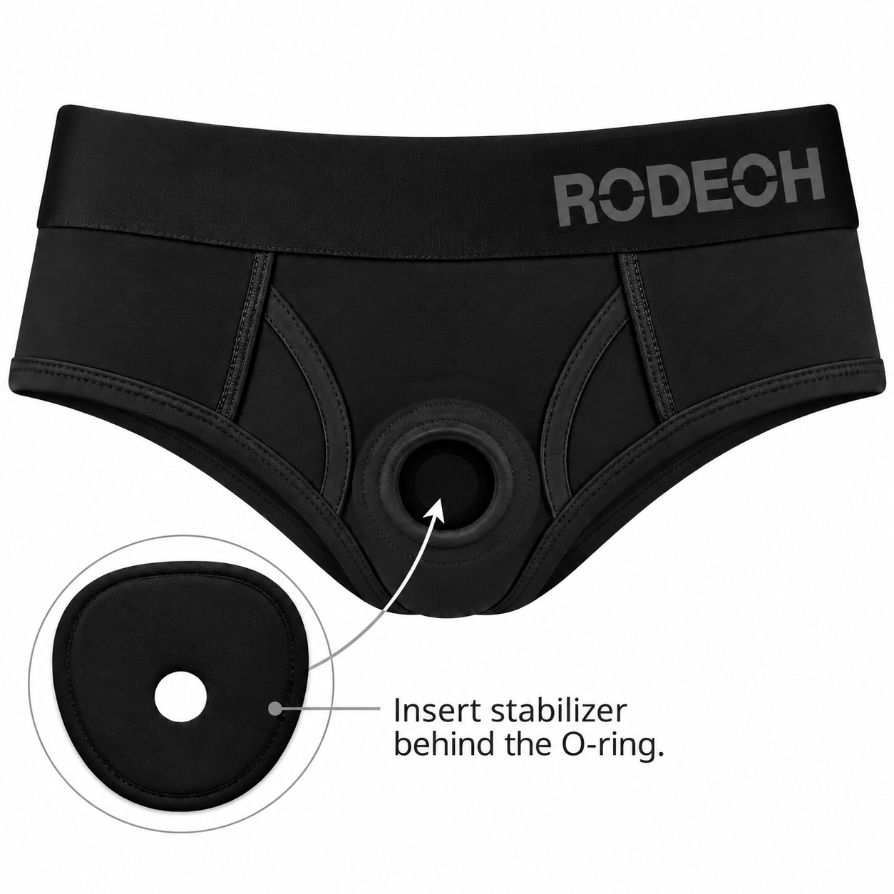 Black RODECH athletic briefs with an O-ring and a circular inset showing an insert stabilizer, on a white background.