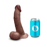 B vibe slip skin 8 inch curved in chocolate, sliding skin silicone realistic dildo, sitting on its base next to a  standard soft drink can for size reference.