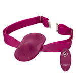 Cal exotics dual rider silicone vibrating grinding pad with thigh strap attached and remote  from the top and front