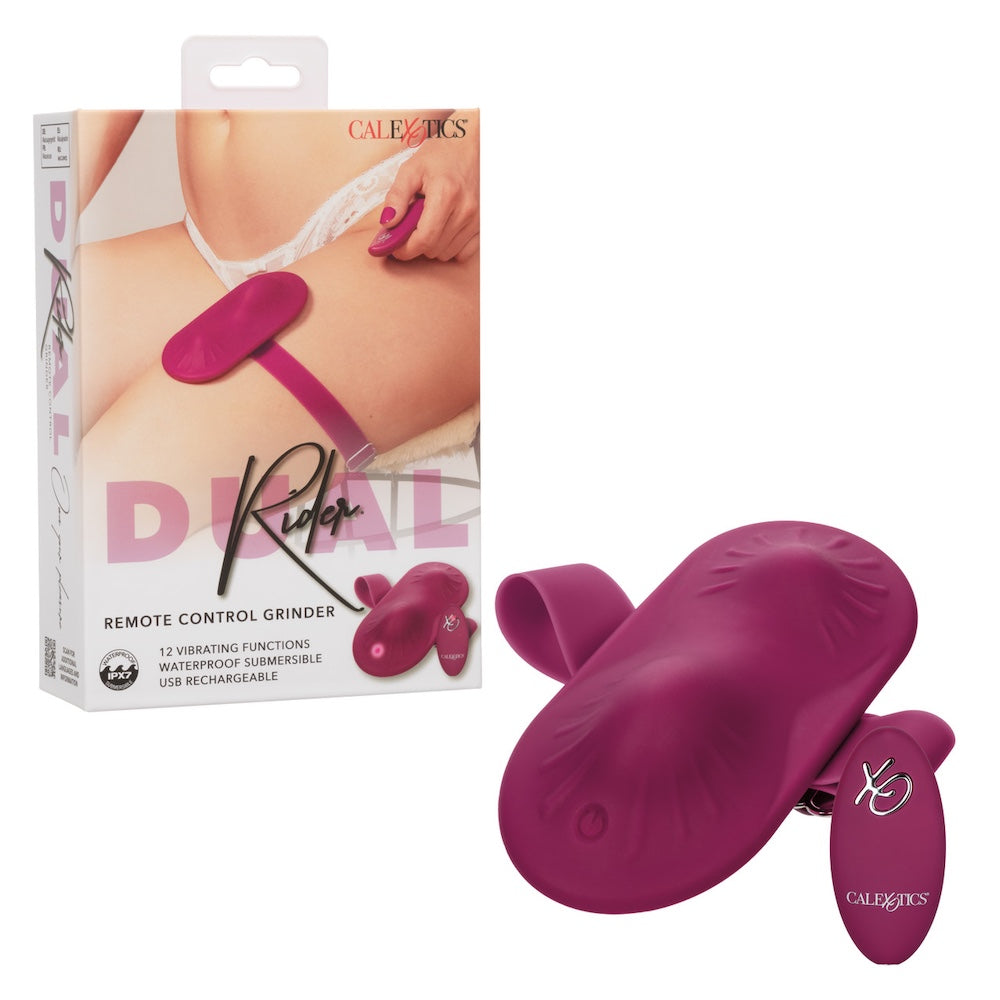 Cal exotics dual rider silicone vibrating grinding pad with thigh strap attached and remote  from the top and front next to it's packaging