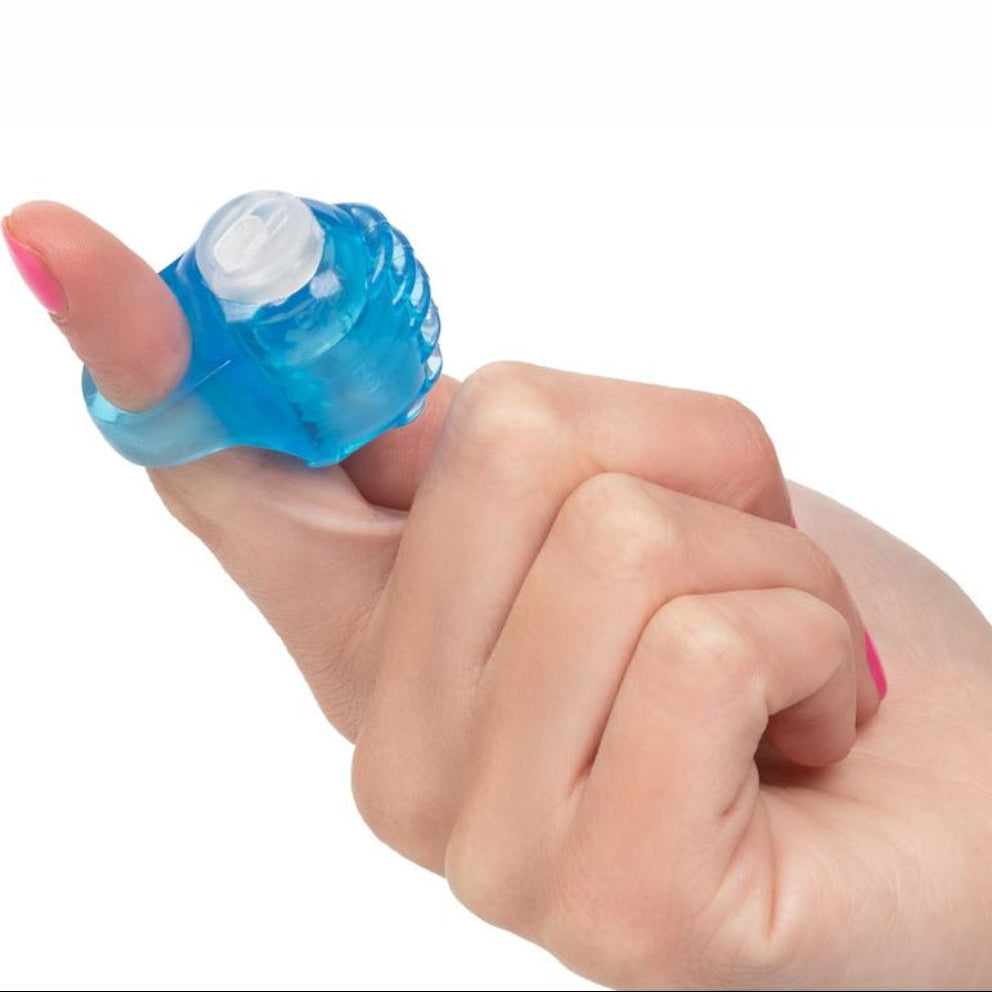 Blue vibrating finger teaser clitoral stimulation toy by cal exotics on a finger