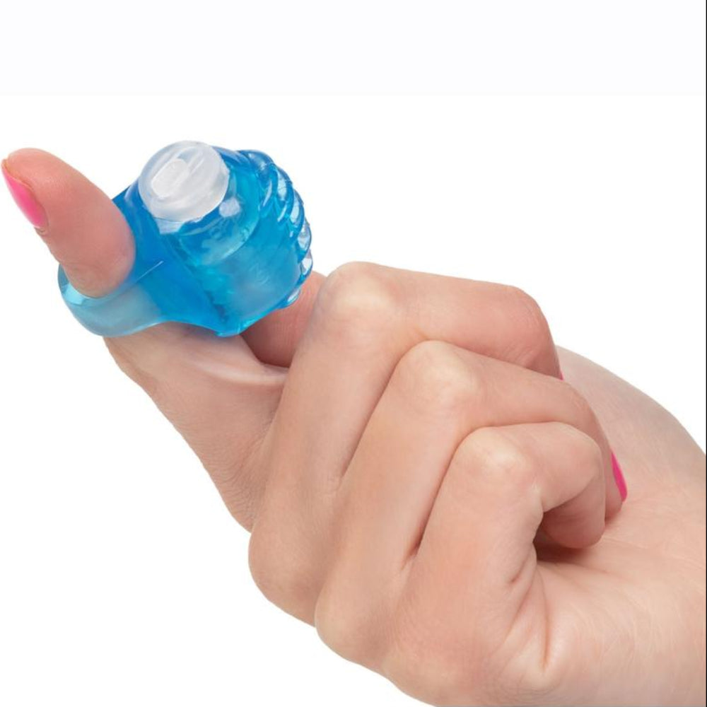 Blue vibrating finger teaser clitoral stimulation toy by cal exotics on a finger