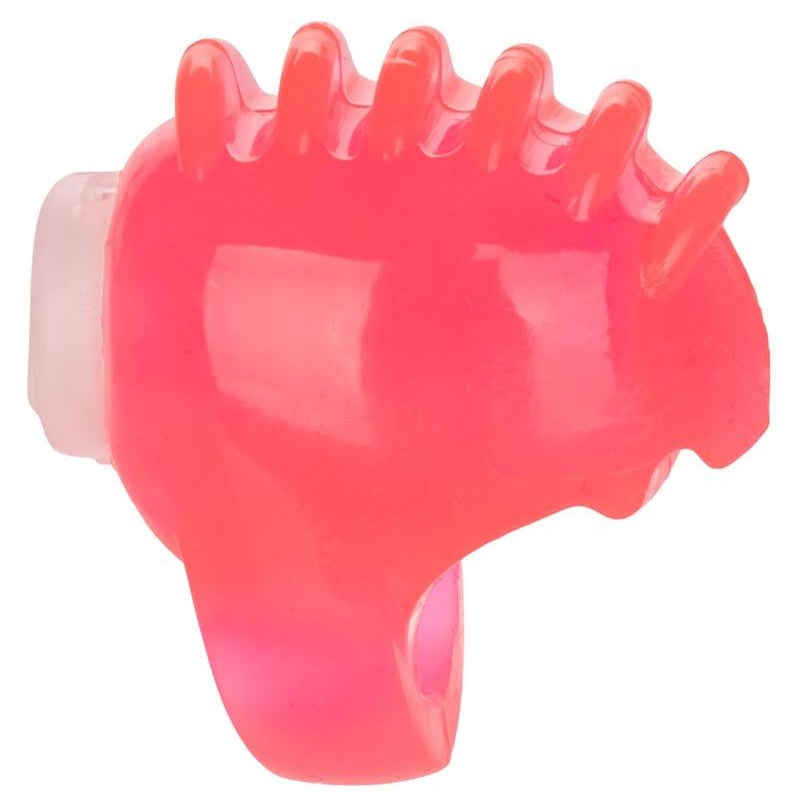 Pink vibrating finger teaser clitoral stimulation toy by cal exotics from the side and zoomed in to show texture