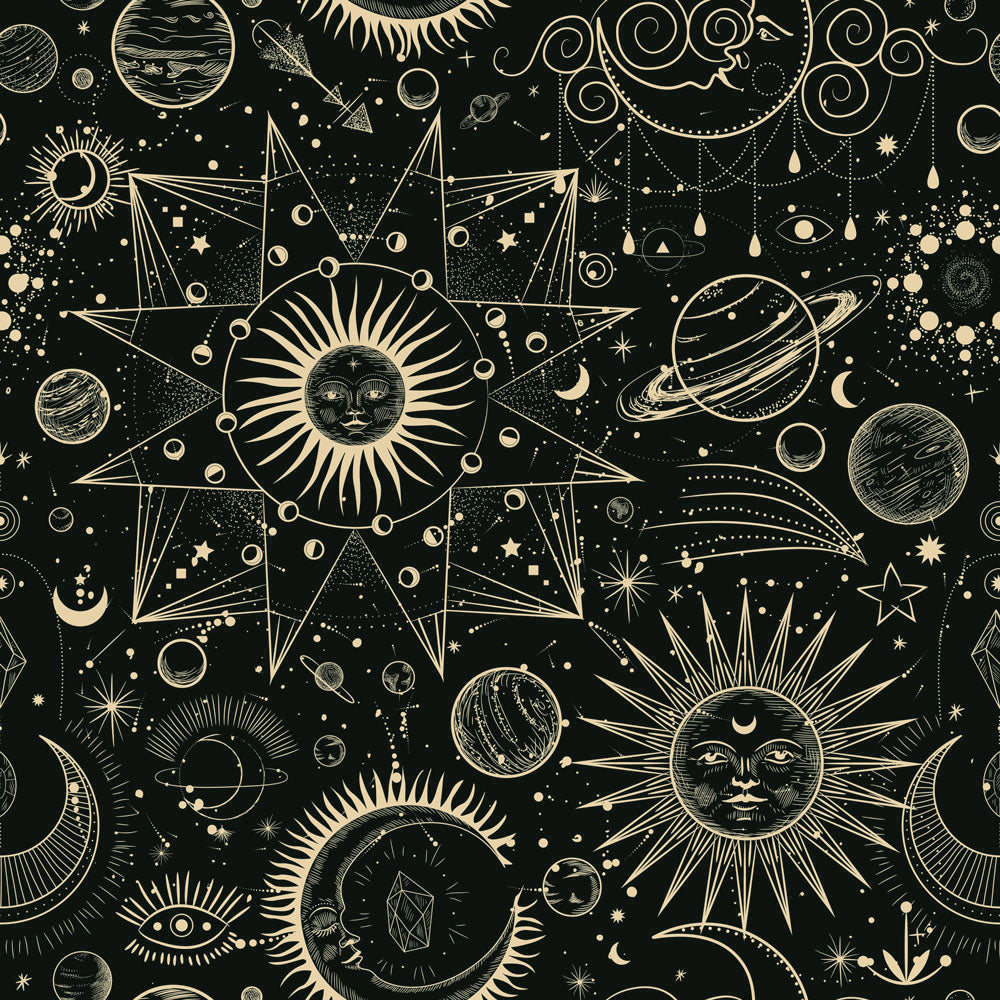 celestial pattern black with moons planets