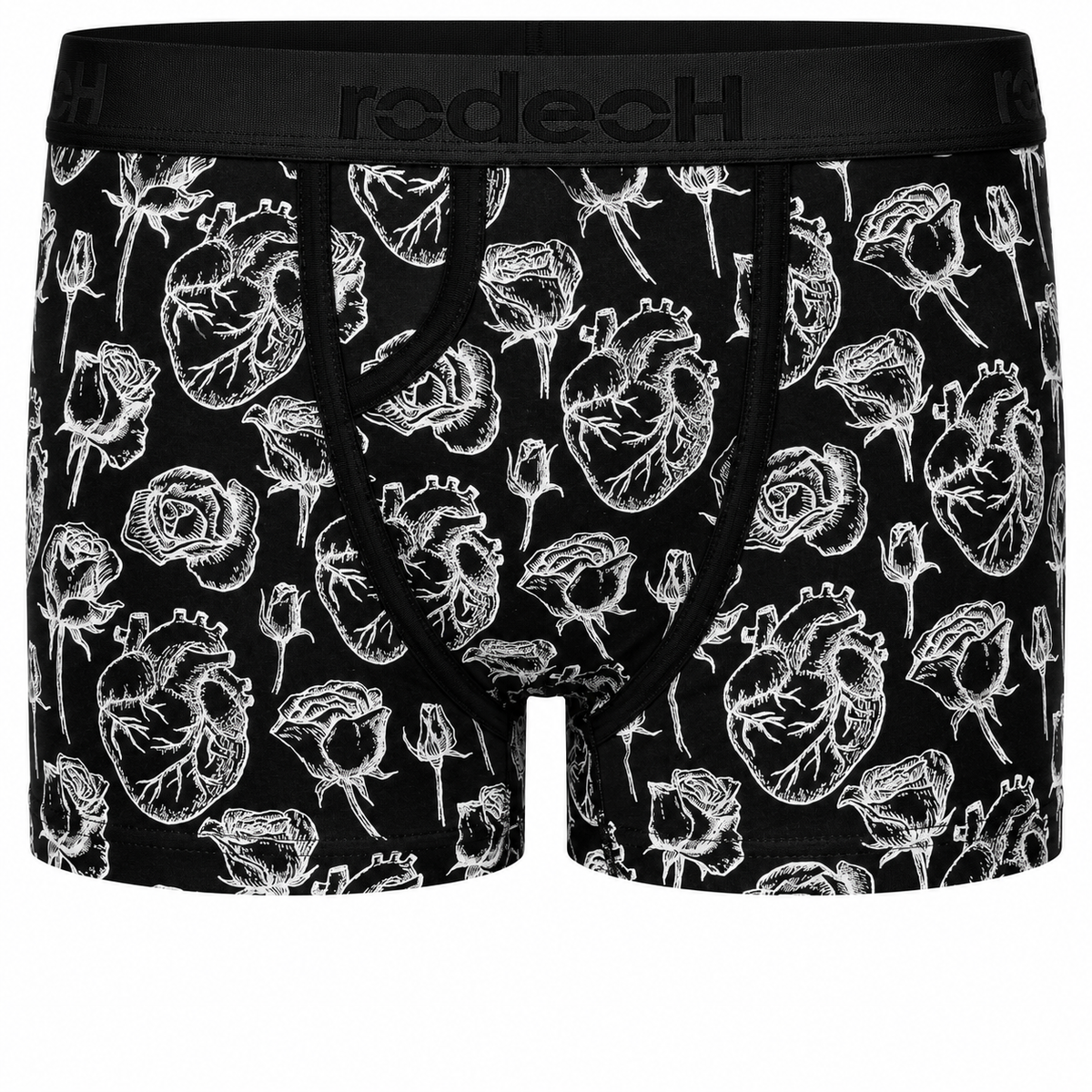 RodeoH Classic Top Loading Packing Boxer in black Hearts & Roses print, front view