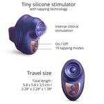 Love to love kisscool Indigo purple tapping finger vibrator from the front and side with graphics detialing each button and total dimensions