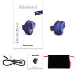 Love to love kisscool Indigo purple tapping finger vibrator from the side, laid out with the packaging as well as the instruction booklet, included charging cord, and travel storage pouch