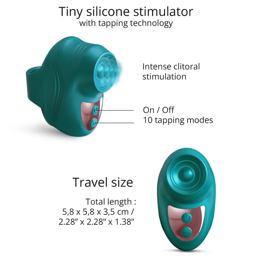 kisscool tapping finger silicone vibrator in teal, from the front and side with graphics indicting what each button does and total dimensions