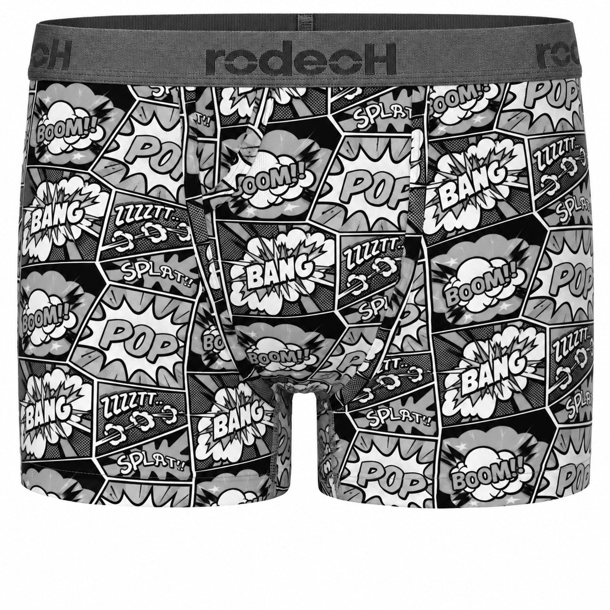 RodeoH Classic Top Loading Packing Boxer in black and white comic-style Bang print, front view