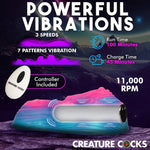 Creature Cocks Vulvaron pink and blue silicone vulva- like fantasy vibrating rechargeable remote controlled silicone grinder function, run and recharge time and rpm