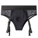 Crotchless open back lave panty harness with removable garter straps laid flat form the front