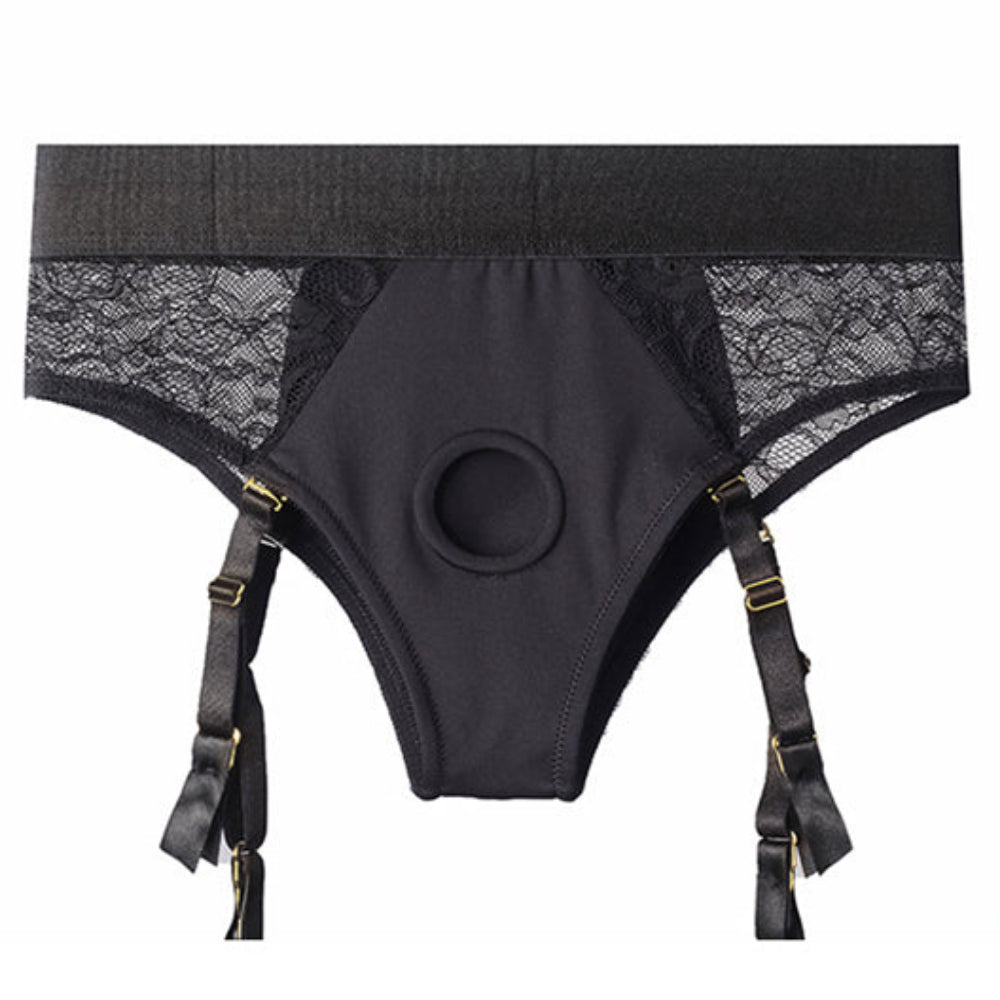 Crotchless open back lave panty harness with removable garter straps laid flat form the front