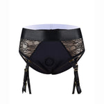 Crotchless open back lave panty harness with removable garter straps 3d view form the front 