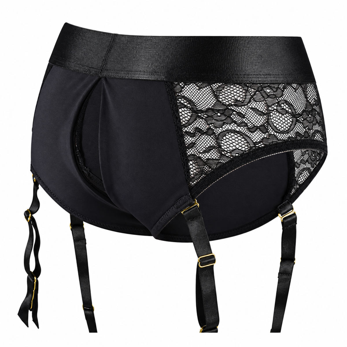 Crotchless open back lave panty harness with removable garter straps 3d view from the back