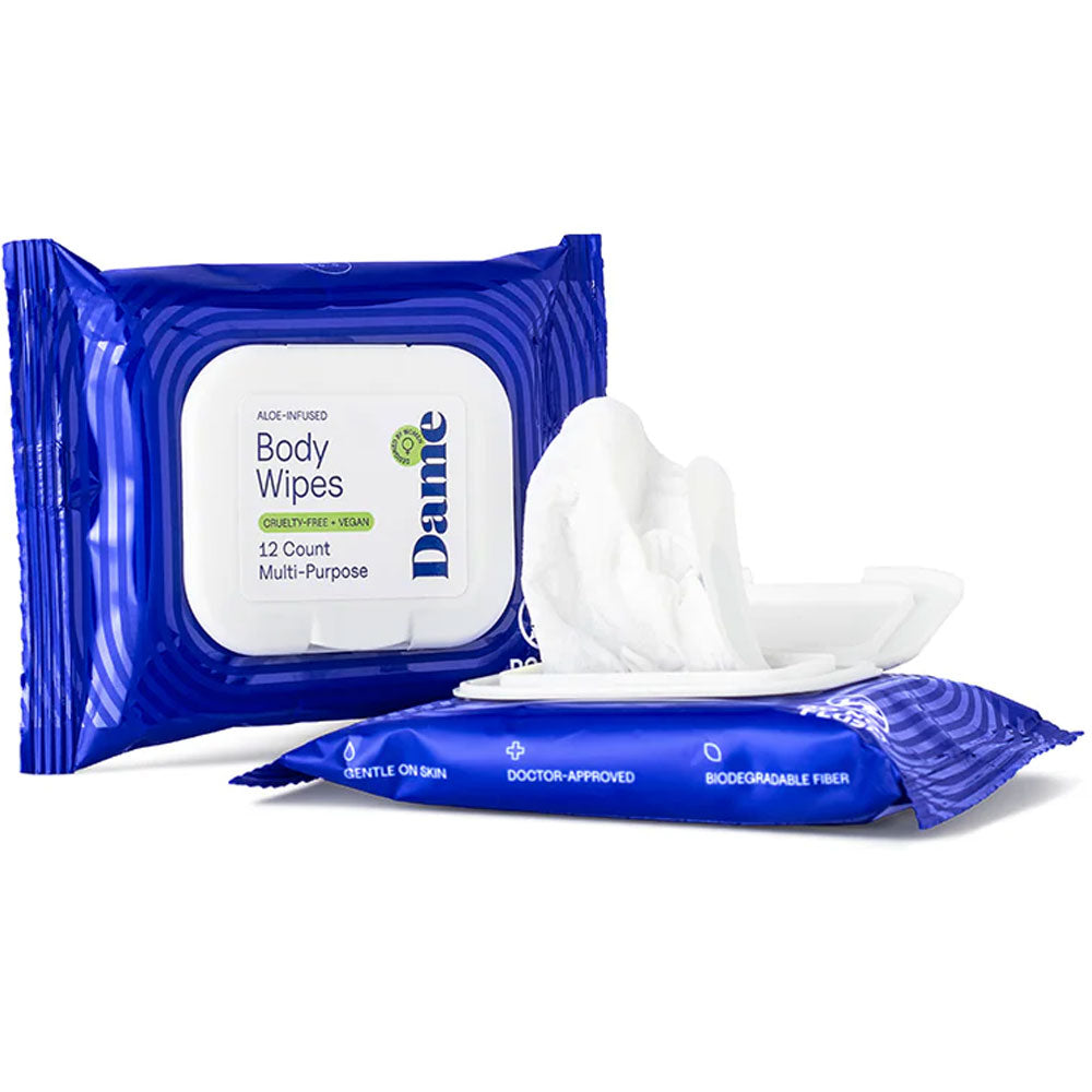 Dame body wipes packaging with wipes on a white background