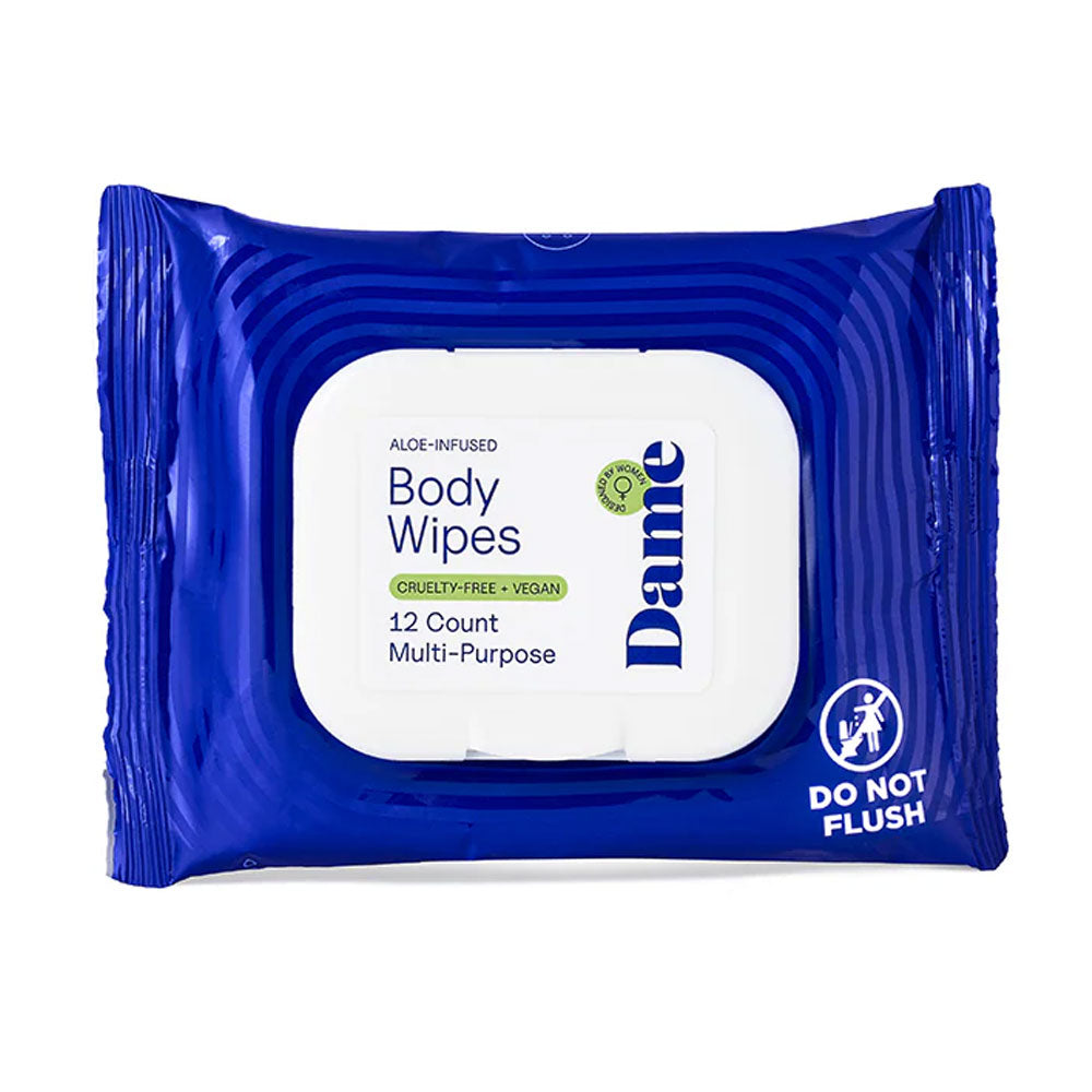 Pack of Dame body wipes with blue packaging on a white background