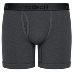 Dark gray heathered boxer briefs with a black elastic waistband featuring the brand name 'rodeoH' in black.