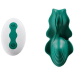 Green Flutter silicone remote control panty vibe and remote side by side from the top
