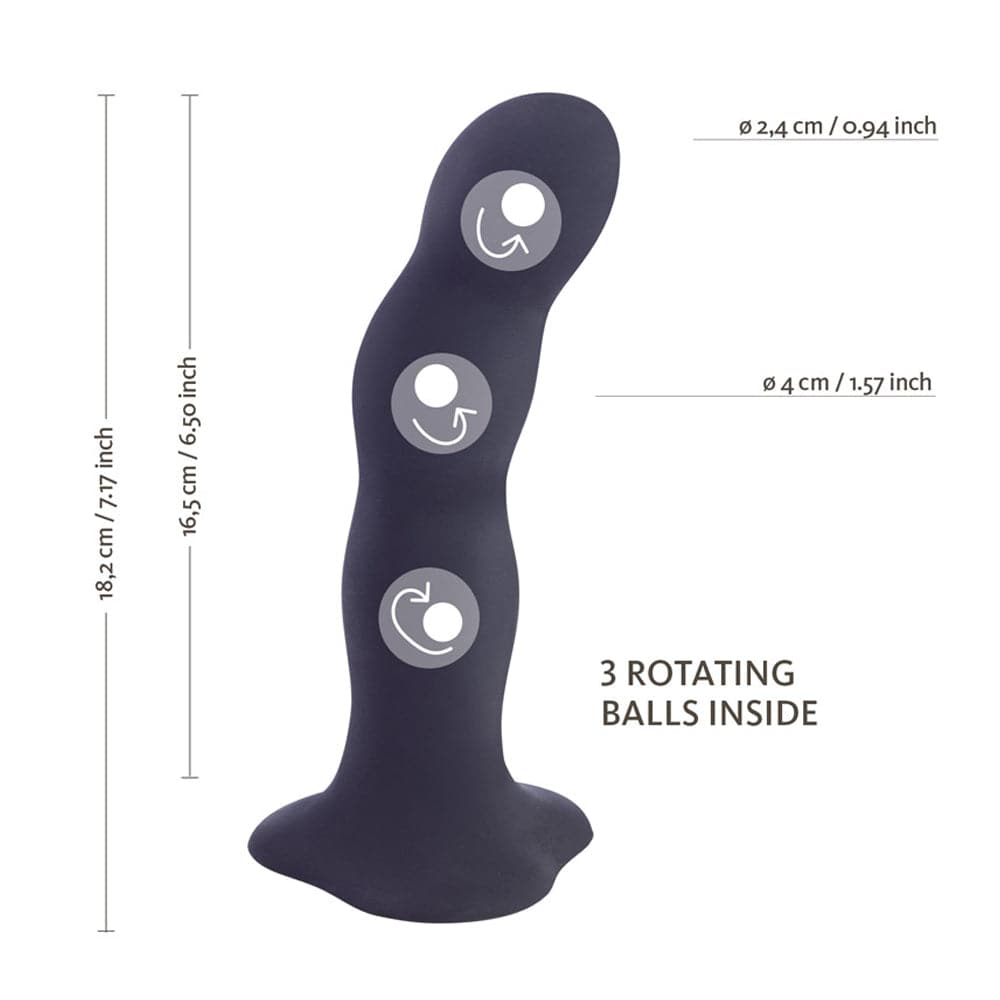 Fun Factory Bouncer dildo dimensions and graphic of 3 rotating balls inside.