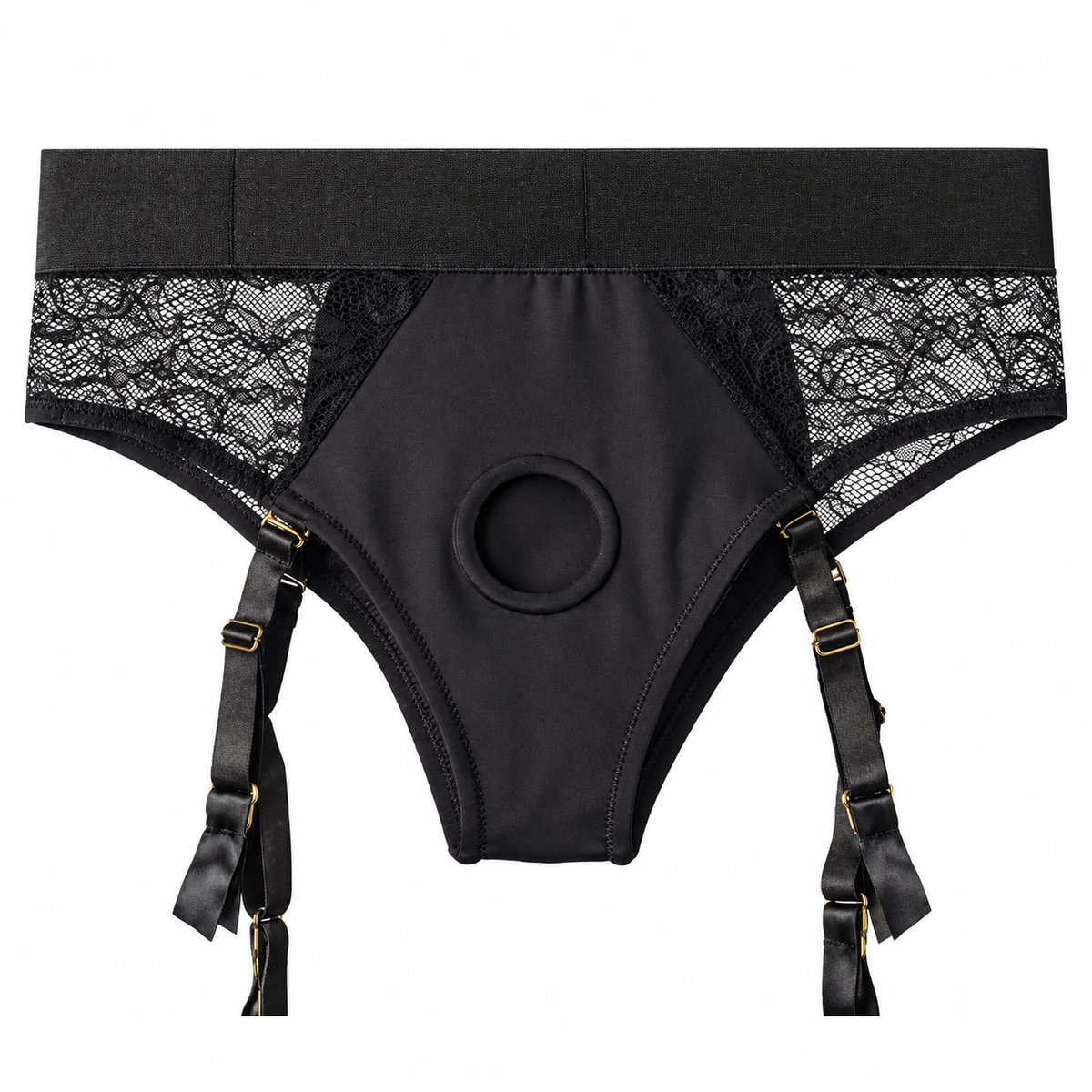 Crotchless open back lave panty harness with removable garter straps laid flat form the front