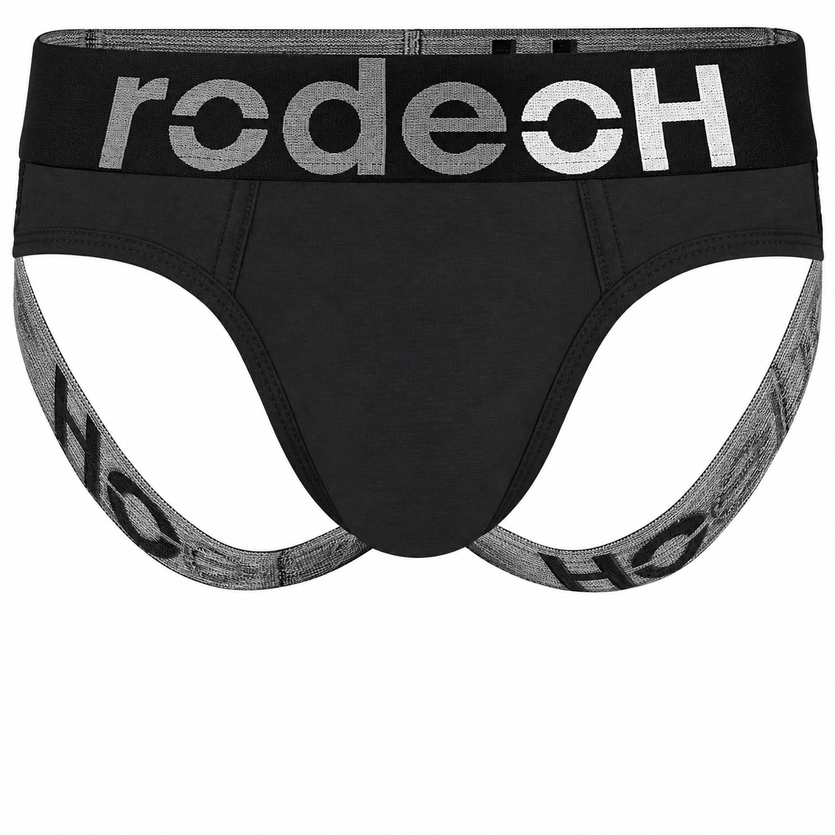 RodeoH Shift Jock gender-neutral underwear in gray with logo waistband, from the front