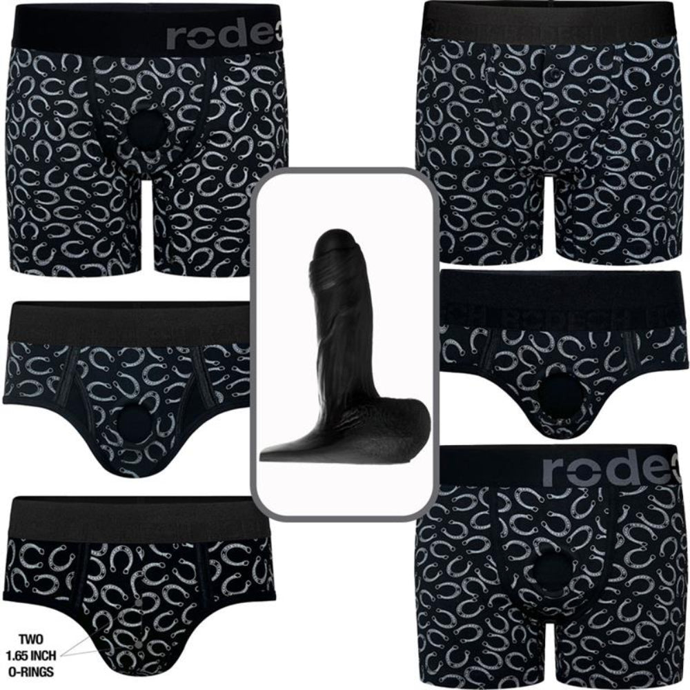 Black Silicone Fornix dilso shown with all 6 harness styles in lucky horsehoses