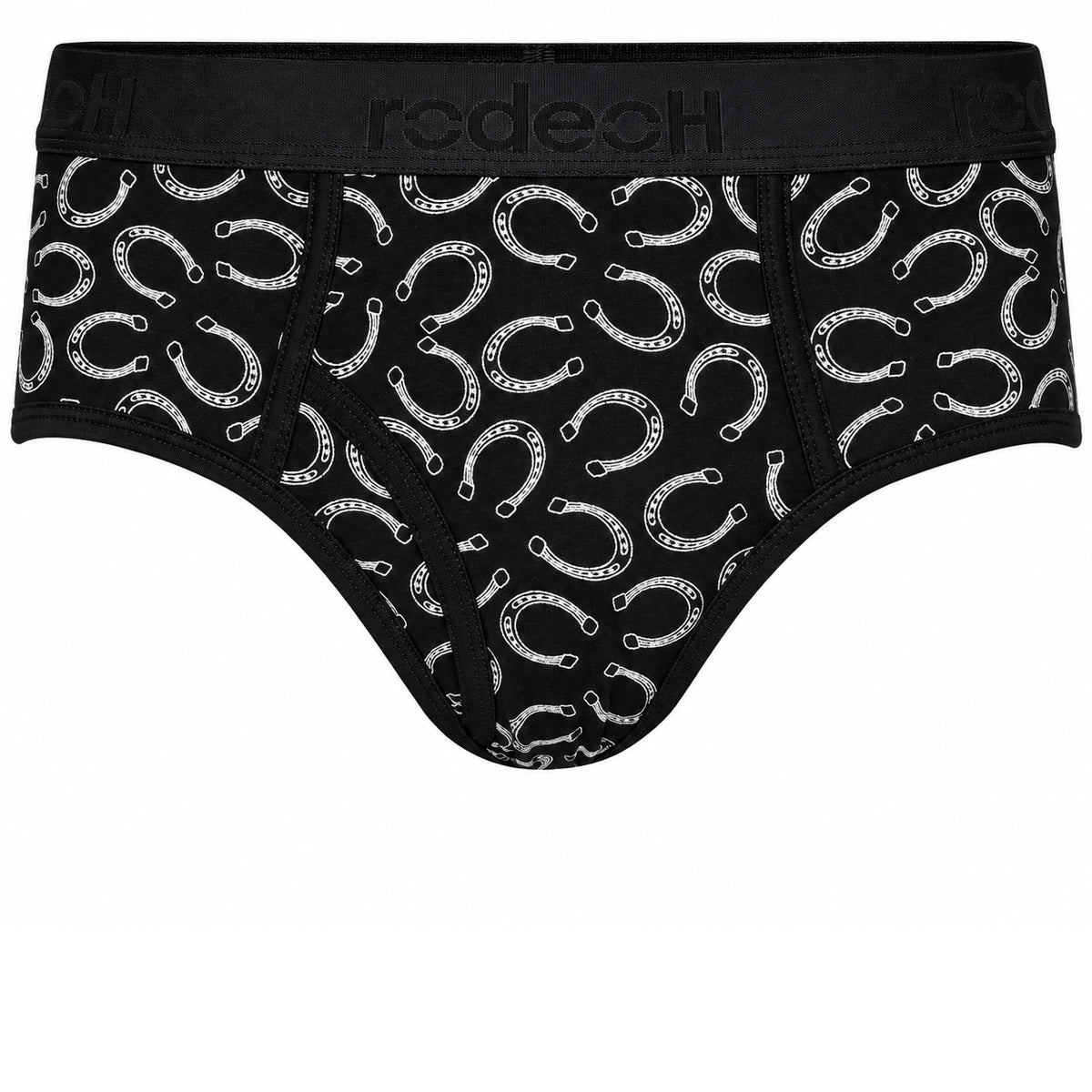 RodeoH Top Loading Brief Packer Underwear in Lucky Horseshoes print, front view
